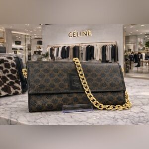 Celine EUC MacAdam Black and Tan Patterned Long Wallet with Gold Chain